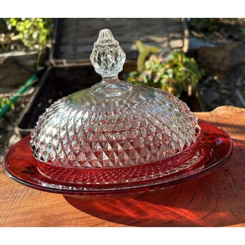 Vintage Oval Covered Butter Dish Indiana Glass Ruby Red Diamond Point  8 7/8" W